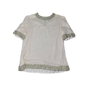 VTG Camille Marie Beaded Silk Top Short Sleeve Mock Neck Womens Medium Glam